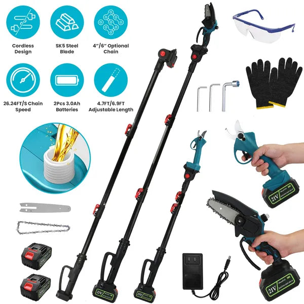 4 in 1 Cordless Pruning Shear and Electric Chainsaw With Max 5.5FT Extension Poles 4'/6' Pole Saw SK5 Blade Brushless Pruning Shear With 2Pcs 3.0Ah Batteries For Garden Yard