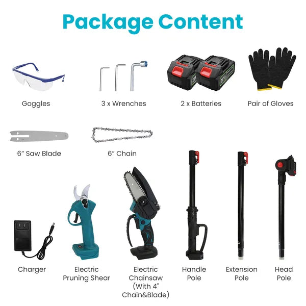 4 in 1 Cordless Pruning Shear and Electric Chainsaw With Max 5.5FT Extension Poles 4'/6' Pole Saw SK5 Blade Brushless Pruning Shear With 2Pcs 3.0Ah Batteries For Garden Yard