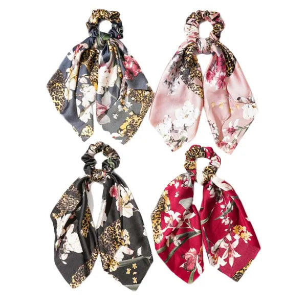 4 Pcs Leopard Lily Hair Ribbon Scrunchies Retro Flowers