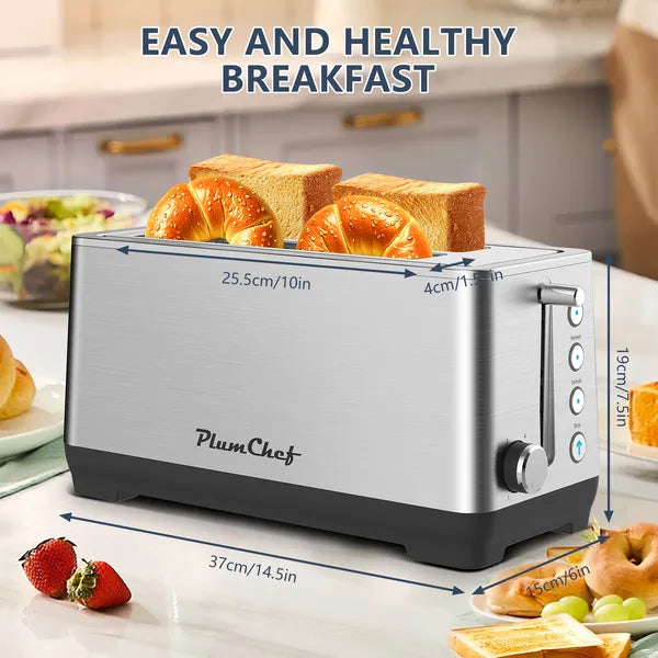 4-Slice Toaster, Extra Wide Long Slot Toaster, 6 Browning Settings, Bagel/Defrost/Reheat Functions, Removable Crumb Tray, Upgraded Stainless Steel, Silver