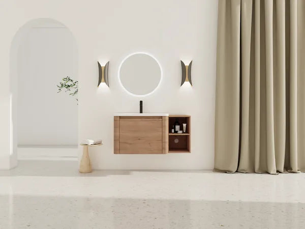 40'' Wall-Mounted Bathroom Vanity with White Ceramic Sink and Storage Shelves & 1-Soft-Close Door, KD-Packing, Plywood