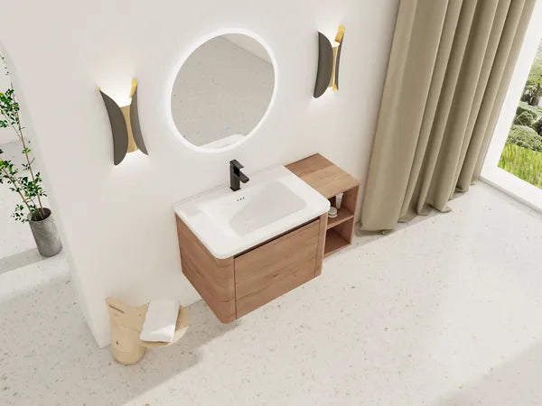 40'' Wall-Mounted Bathroom Vanity with White Ceramic Sink and Storage Shelves & 1-Soft-Close Door, KD-Packing, Plywood