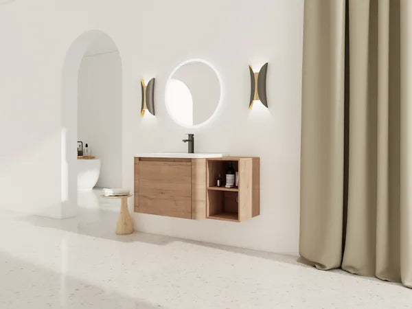 40'' Wall-Mounted Bathroom Vanity with White Ceramic Sink and Storage Shelves & 1-Soft-Close Door, KD-Packing, Plywood