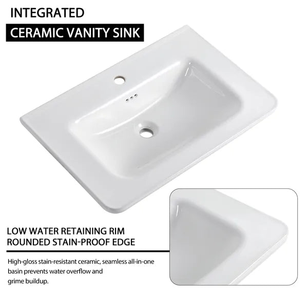 40'' Wall-Mounted Bathroom Vanity with White Ceramic Sink and Storage Shelves & 1-Soft-Close Door, KD-Packing, Plywood