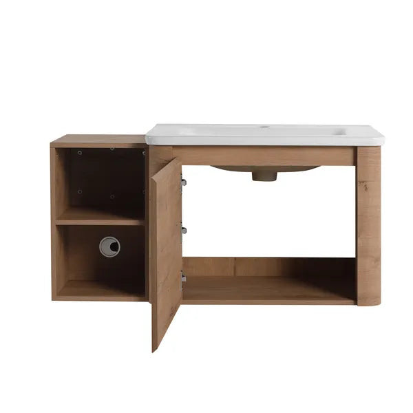 40'' Wall-Mounted Bathroom Vanity with White Ceramic Sink and Storage Shelves & 1-Soft-Close Door, KD-Packing, Plywood