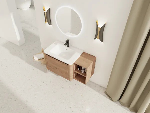40'' Wall-Mounted Bathroom Vanity with White Ceramic Sink and Storage Shelves & 1-Soft-Close Door, KD-Packing, Plywood