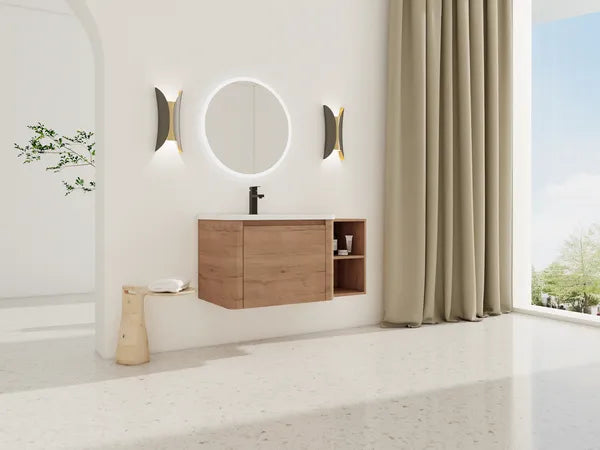 40'' Wall-Mounted Bathroom Vanity with White Ceramic Sink and Storage Shelves & 1-Soft-Close Door, KD-Packing, Plywood