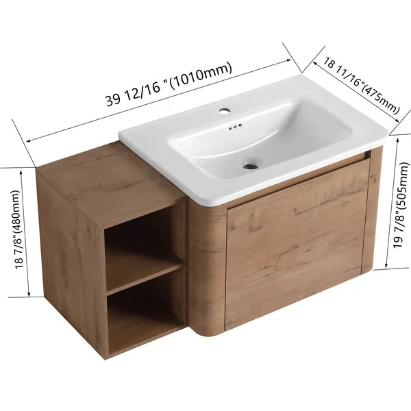 40'' Wall-Mounted Bathroom Vanity with White Ceramic Sink and Storage Shelves & 1-Soft-Close Door, KD-Packing, Plywood