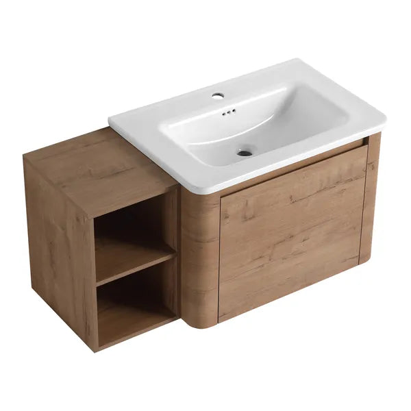 40'' Wall-Mounted Bathroom Vanity with White Ceramic Sink and Storage Shelves & 1-Soft-Close Door, KD-Packing, Plywood