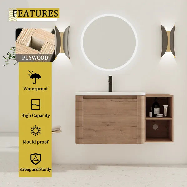 40'' Wall-Mounted Bathroom Vanity with White Ceramic Sink and Storage Shelves & 1-Soft-Close Door, KD-Packing, Plywood