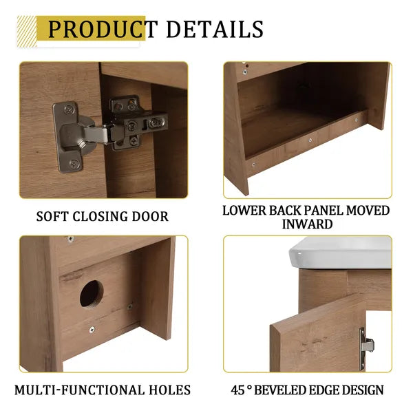 40'' Wall-Mounted Bathroom Vanity with White Ceramic Sink and Storage Shelves & 1-Soft-Close Door, KD-Packing, Plywood