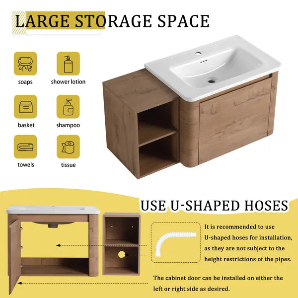 40'' Wall-Mounted Bathroom Vanity with White Ceramic Sink and Storage Shelves & 1-Soft-Close Door, KD-Packing, Plywood