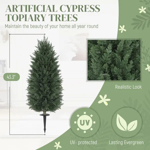 43.3 Inch Set of 2 Artificial Cypress Topiary Tree, Indoor Outdoor UV Resistant Faux Plants with Ground Stake for Garden