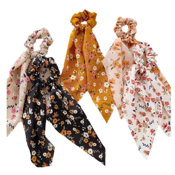 5 Pcs Floral Ribbon Scrunchies Plum Blossom