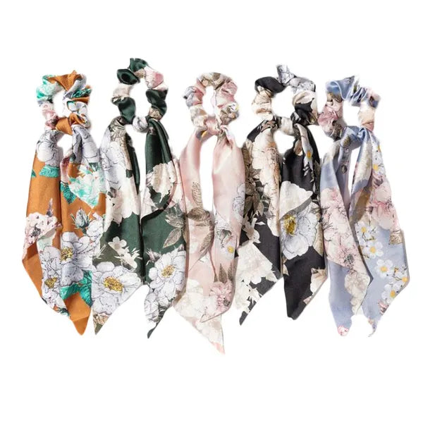 5 Pcs Multicolor Flowers Satin Ribbon Scrunchies Tassel