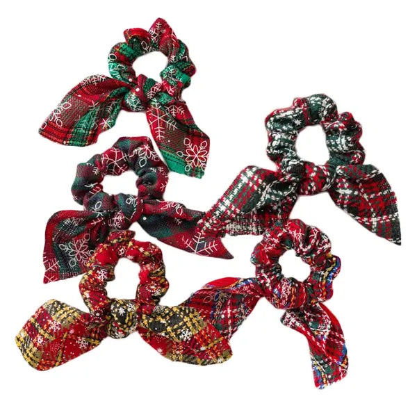 5 Pcs Woven Christmas Rabbit Ears Ribbon Hair Scrunchies