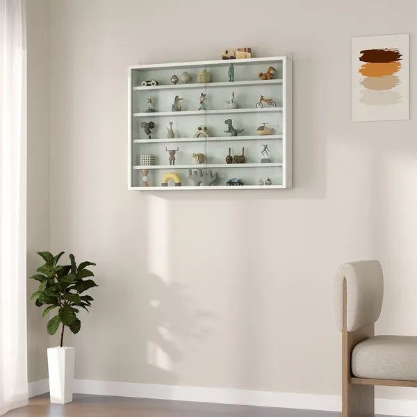 5-Tier White Display Cabinet with Glass Doors & Adjustable Shelves, Wall-Mounted