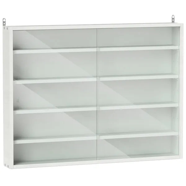 5-Tier White Display Cabinet with Glass Doors & Adjustable Shelves, Wall-Mounted