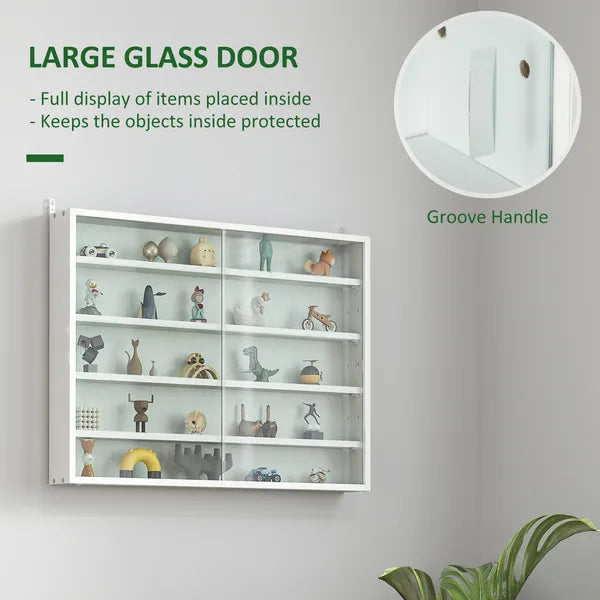 5-Tier White Display Cabinet with Glass Doors & Adjustable Shelves, Wall-Mounted