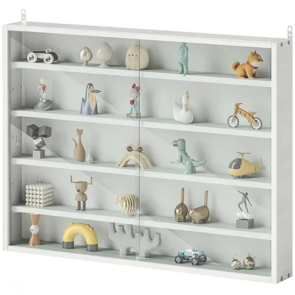 5-Tier White Display Cabinet with Glass Doors & Adjustable Shelves, Wall-Mounted