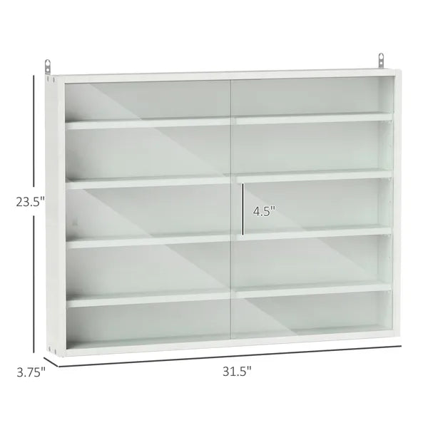 5-Tier White Display Cabinet with Glass Doors & Adjustable Shelves, Wall-Mounted