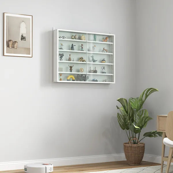 5-Tier White Display Cabinet with Glass Doors & Adjustable Shelves, Wall-Mounted