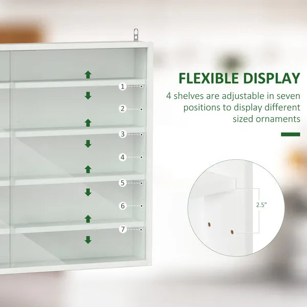 5-Tier White Display Cabinet with Glass Doors & Adjustable Shelves, Wall-Mounted