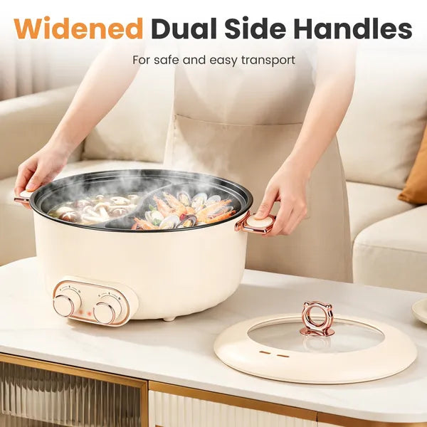 6 Liter Dual-Flavor Electric Shabu Shabu Hot Pot for 3-6 Guests, Non-Stick Coating Stainless Steel Hot Pot with Transparent Steam Vent Lid, Cool Wide Handles & Raised Stable Base for Home Dinner Party