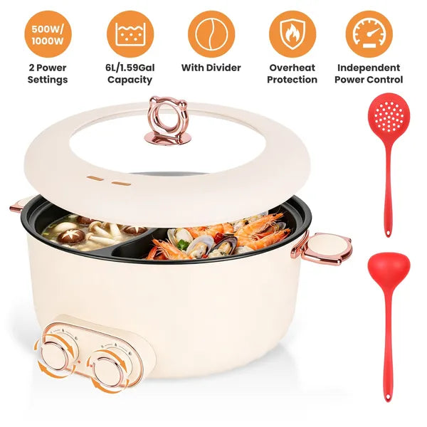 6 Liter Dual-Flavor Electric Shabu Shabu Hot Pot for 3-6 Guests, Non-Stick Coating Stainless Steel Hot Pot with Transparent Steam Vent Lid, Cool Wide Handles & Raised Stable Base for Home Dinner Party