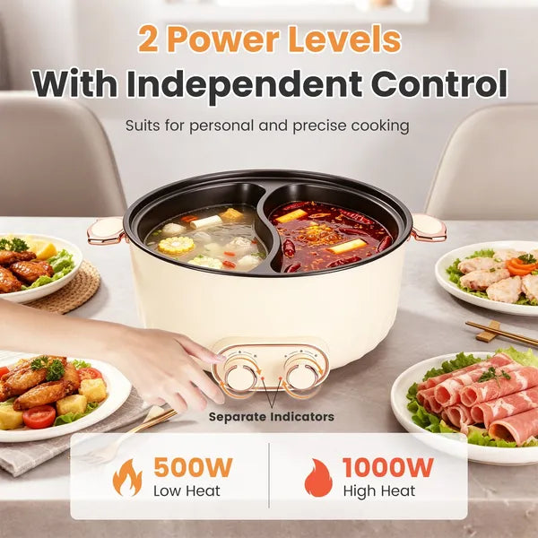 6 Liter Dual-Flavor Electric Shabu Shabu Hot Pot for 3-6 Guests, Non-Stick Coating Stainless Steel Hot Pot with Transparent Steam Vent Lid, Cool Wide Handles & Raised Stable Base for Home Dinner Party