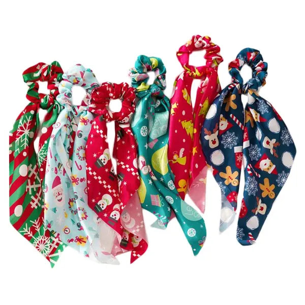 6 Pcs Christmas Satin Hair Ribbon Scrunchies