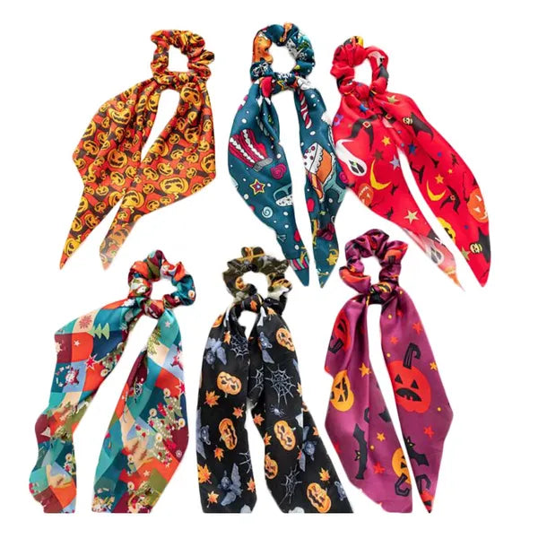 6 Pcs Halloween Satin Hair Ribbon Scrunchies Pumpkin