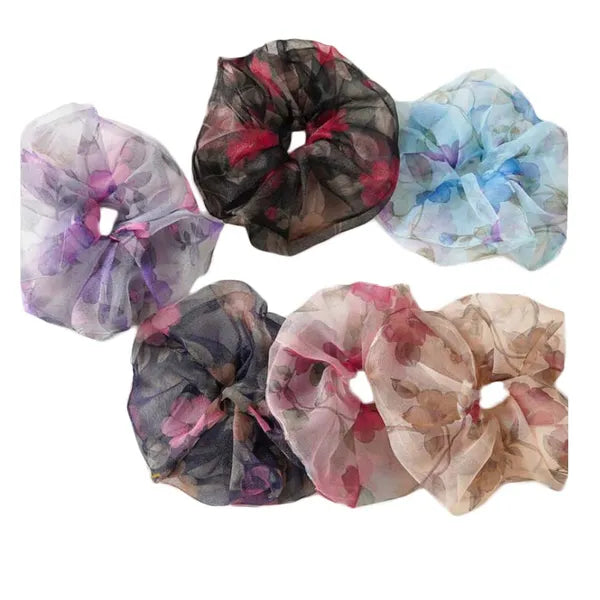 6 Pcs Large Size Retro Hair Scrunchies Organza Floral