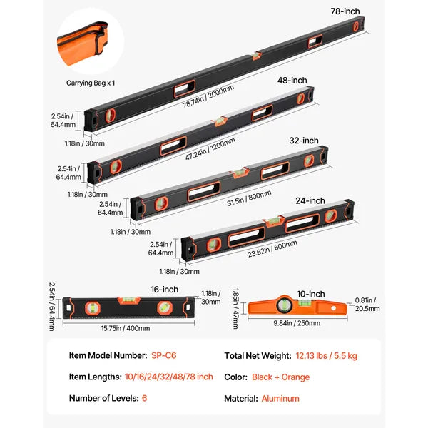 6-Piece Torpedo Level, 78/48/32/24/16/10 Inch All Magnetic Levels Set, Bubble Vials Ruler for 45/90/180 Degree, Aluminum Alloy Magnetic Box Leveler Tool, Shock-Resistance, SAE and Metric Scale