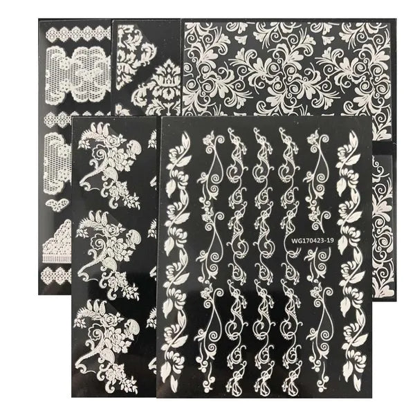 6 Sheets Self-Adhesive White Lace Pattern Nail Stickers