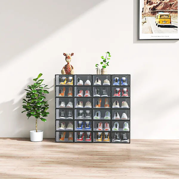 6/12/18/24/36PCS Stackable Shoe Storage Cabinet with Clear Front Door Plastic Sneaker Organizer Box for Entryway Closet or Bedroom Dustproof Shoe Case for Men and Women
