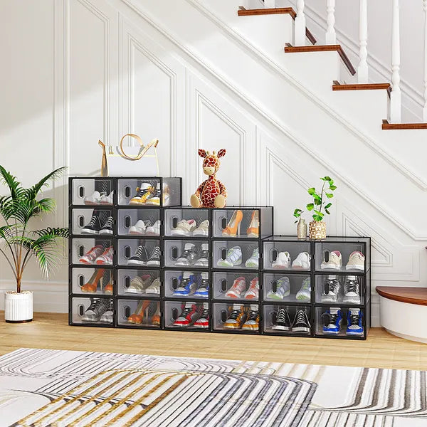 6/12/18/24/36PCS Stackable Shoe Storage Cabinet with Clear Front Door Plastic Sneaker Organizer Box for Entryway Closet or Bedroom Dustproof Shoe Case for Men and Women