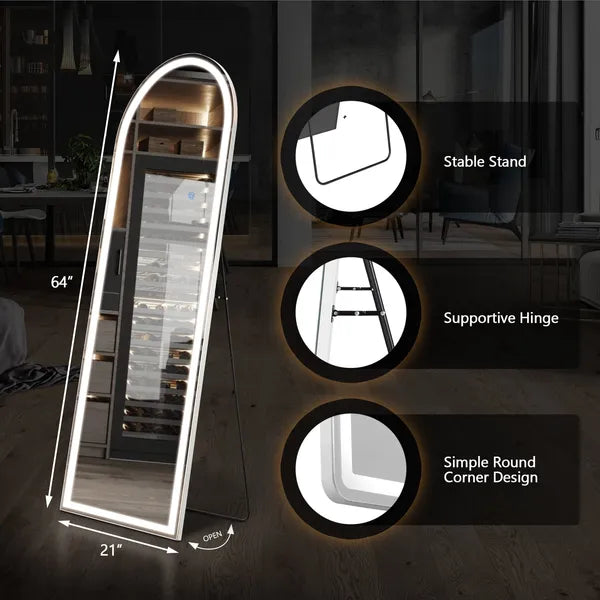 64"x21" LED Arched Full Length Mirror with Aluminum Frame and Polished Glass for Bedroom