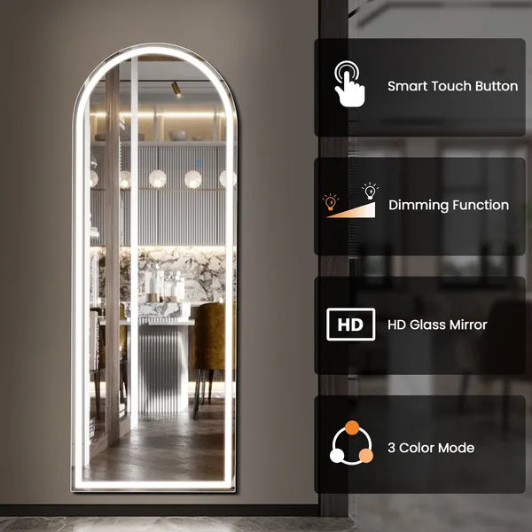 64"x21" LED Arched Full Length Mirror with Aluminum Frame and Polished Glass for Bedroom