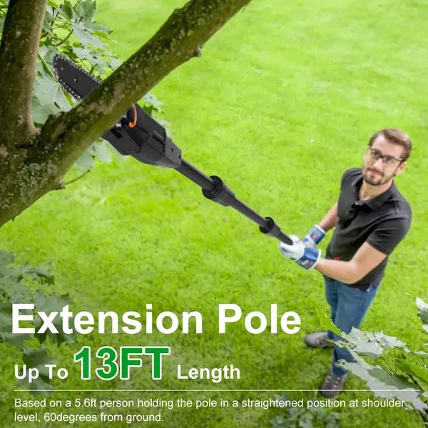6in Cordless Pole Saw 7.4FT Maximum Extendable Length 35FT/S Speed Electric Pole Chainsaw 2Pcs 1.5Ah Batteries And Charger Included For Pruning Trimming