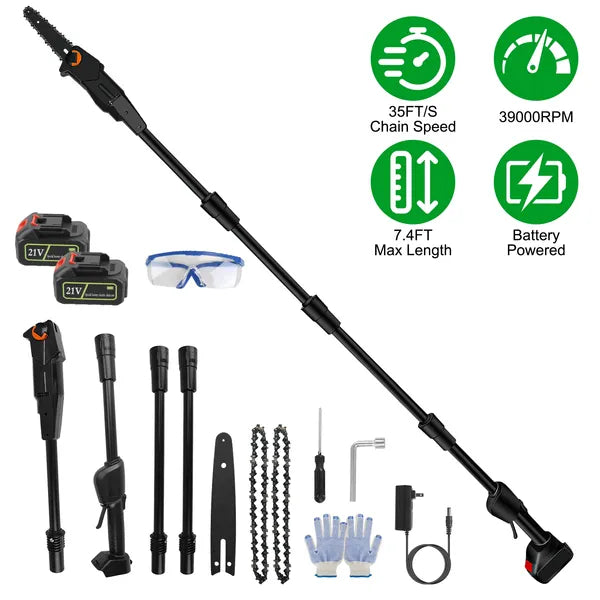 6in Cordless Pole Saw 7.4FT Maximum Extendable Length 35FT/S Speed Electric Pole Chainsaw 2Pcs 1.5Ah Batteries And Charger Included For Pruning Trimming