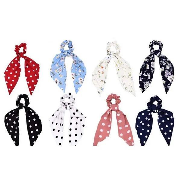8 Pcs Floral Polka Dots Ribbon Scrunchies Bow Scarf