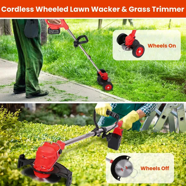 800W Powerful Cordless Lawn Wacker with Detachable Wheels - 2 Rechargeable Batteries , 3 Types of Blades (Plastic/Alloy/Stainless Steel), Adjustable Head & Extendable Handle for Garden Maintenance