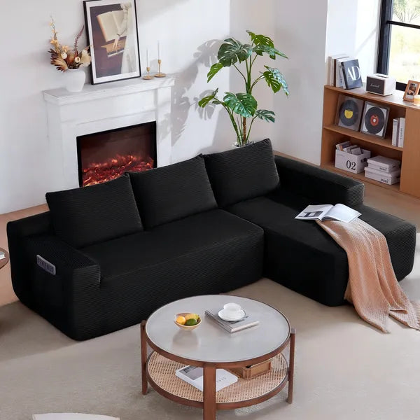 96.9" Cloud Sectional Couch with L-Shape Chaise,Modern Modular Sofa with Deep Seat, Upholstered Couches for Living Room Bedroom,No Assembly Required, (Corduroy Fabric),Black ,RIGHT