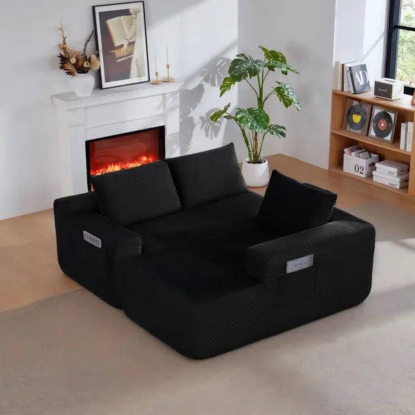 96.9" Cloud Sectional Couch with L-Shape Chaise,Modern Modular Sofa with Deep Seat, Upholstered Couches for Living Room Bedroom,No Assembly Required, (Corduroy Fabric),Black ,RIGHT