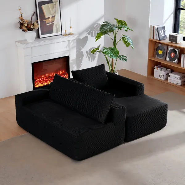 96.9" Cloud Sectional Couch with L-Shape Chaise,Modern Modular Sofa with Deep Seat, Upholstered Couches for Living Room Bedroom,No Assembly Required, (Corduroy Fabric),Black ,RIGHT
