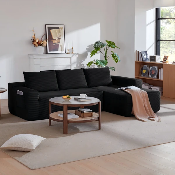 96.9" Cloud Sectional Couch with L-Shape Chaise,Modern Modular Sofa with Deep Seat, Upholstered Couches for Living Room Bedroom,No Assembly Required, (Corduroy Fabric),Black ,RIGHT