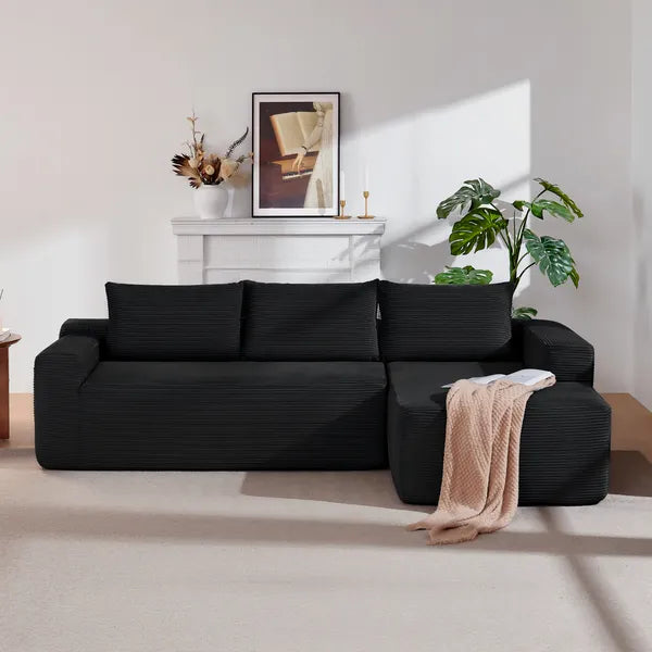 96.9" Cloud Sectional Couch with L-Shape Chaise,Modern Modular Sofa with Deep Seat, Upholstered Couches for Living Room Bedroom,No Assembly Required, (Corduroy Fabric),Black ,RIGHT
