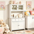 Antique White 63.5'' Kitchen Buffet with Hutch Pantry Storage Cabinet 4 Shelves Drawers Framed Glass Doors Open Microwave Countertop