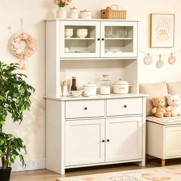Antique White 63.5'' Kitchen Buffet with Hutch Pantry Storage Cabinet 4 Shelves Drawers Framed Glass Doors Open Microwave Countertop